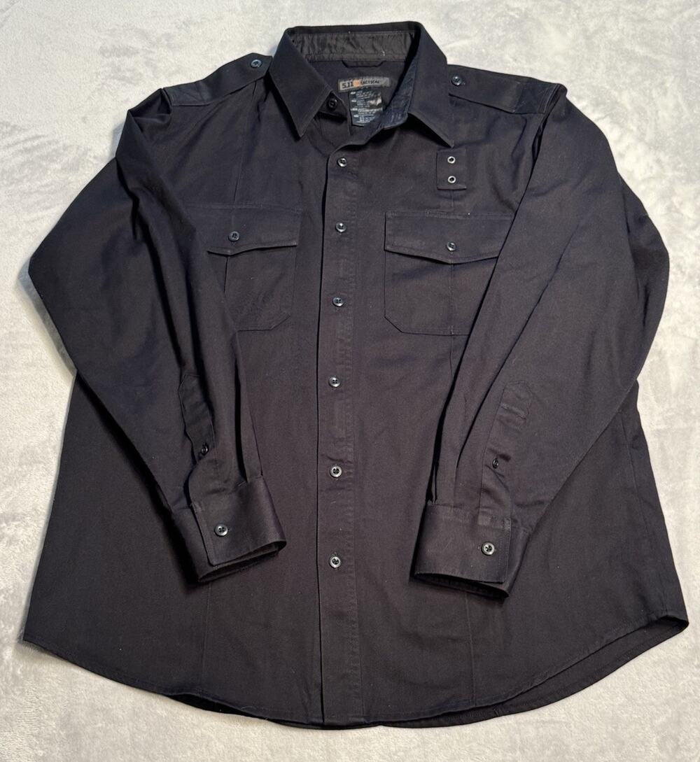 Large 5.11 Tactical Shirt Black PDU Twill Class A Long Sleeve Button Up Down Gun